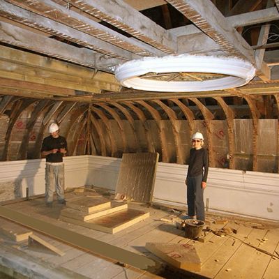 Jen on site at Lampeter Town Hall during construction